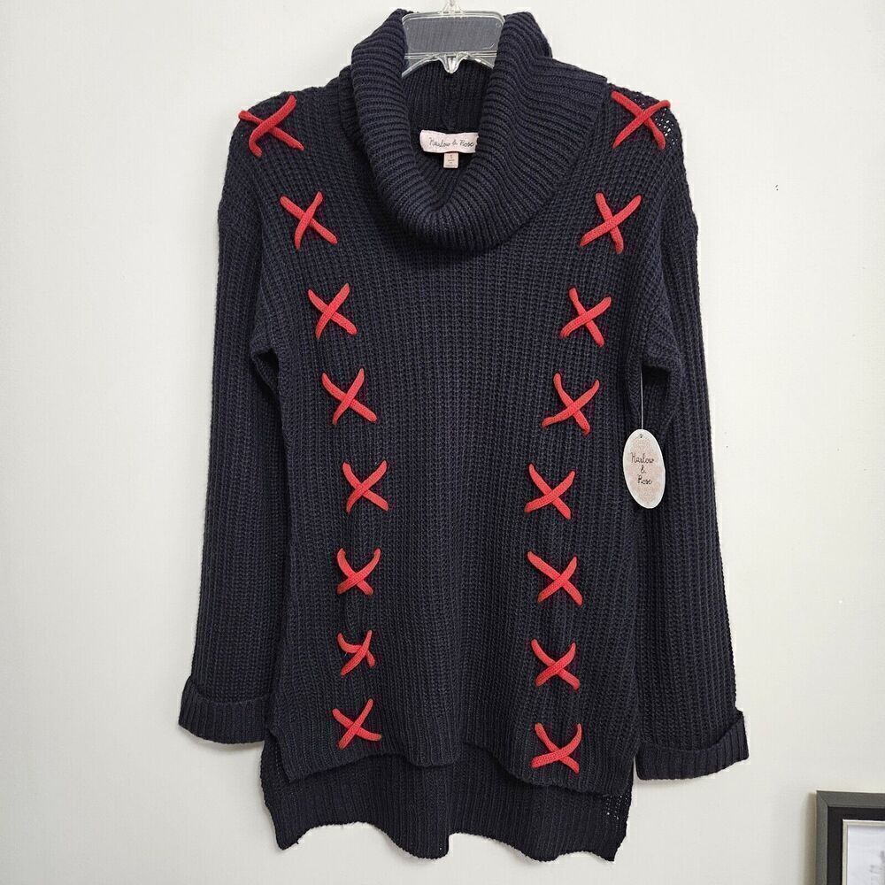 NWT Harlow & Rose Sweater Navy Blue Red Accent Feature Cowl Neck Hi-low Hem Sz S
